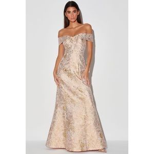NEW Lulus Illustrious Champagne Jacquard Off-the-Shoulder Maxi Dress Size L